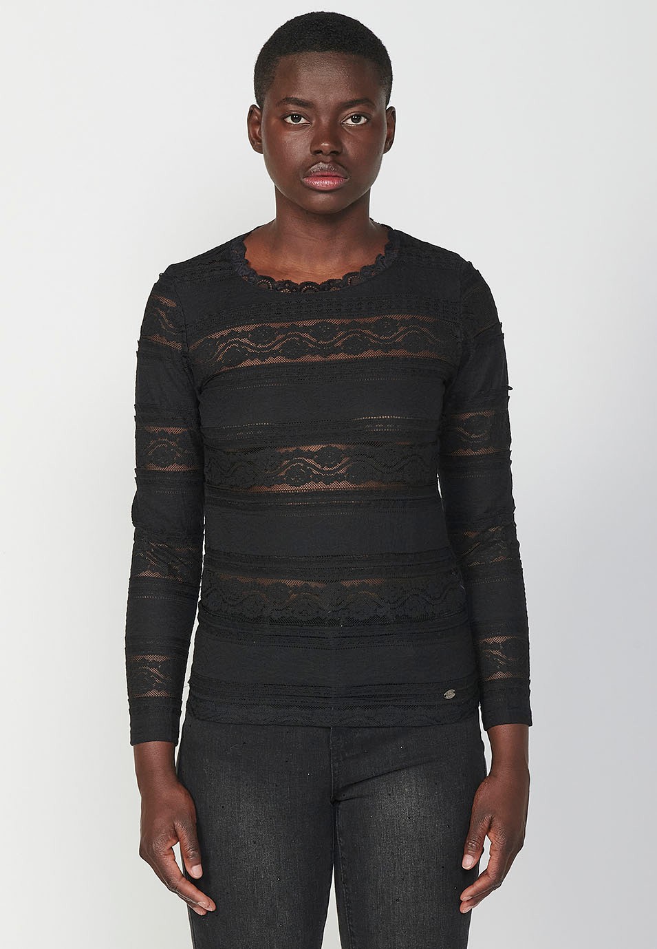 Women's Black Lace Trim Long Sleeve Crew Neck T-Shirt