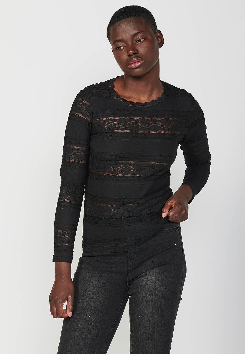 Women's Black Lace Trim Long Sleeve Crew Neck T-Shirt