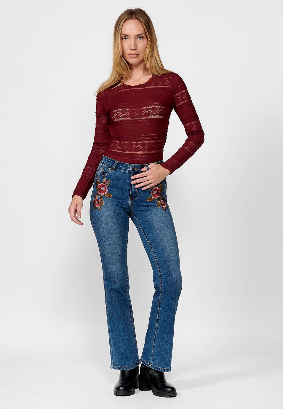 Women's Long Sleeve Crew Neck Lace Trim Striped T-Shirt in Burgundy