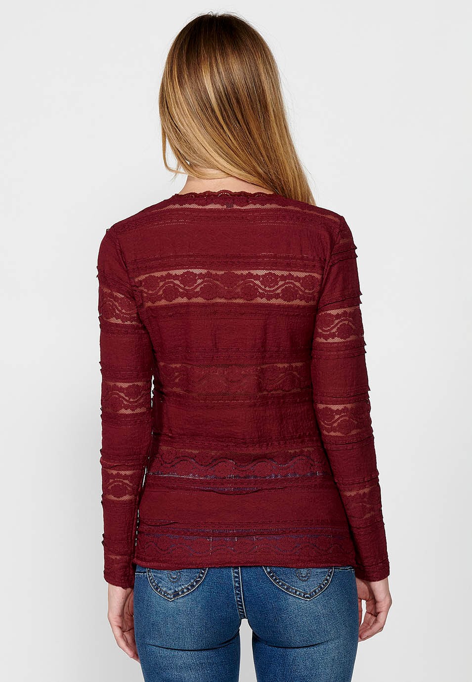 Women's Long Sleeve Crew Neck Lace Trim Striped T-Shirt in Burgundy 6