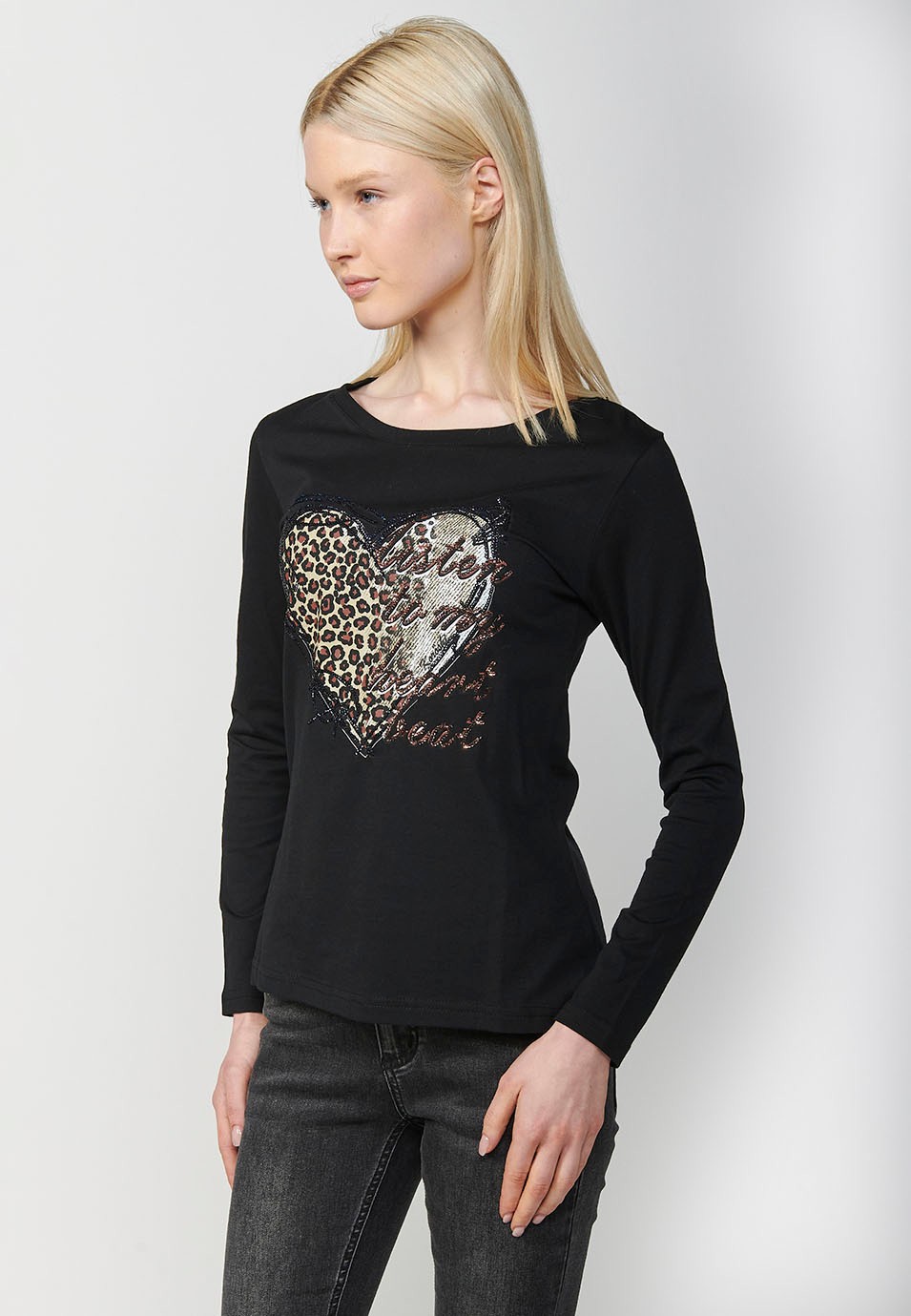 Langärmliges Baumwoll-T-Shirt mit Rundhalsausschnitt und Herzdruck mit Tiermotiv in Schwarz für Damen