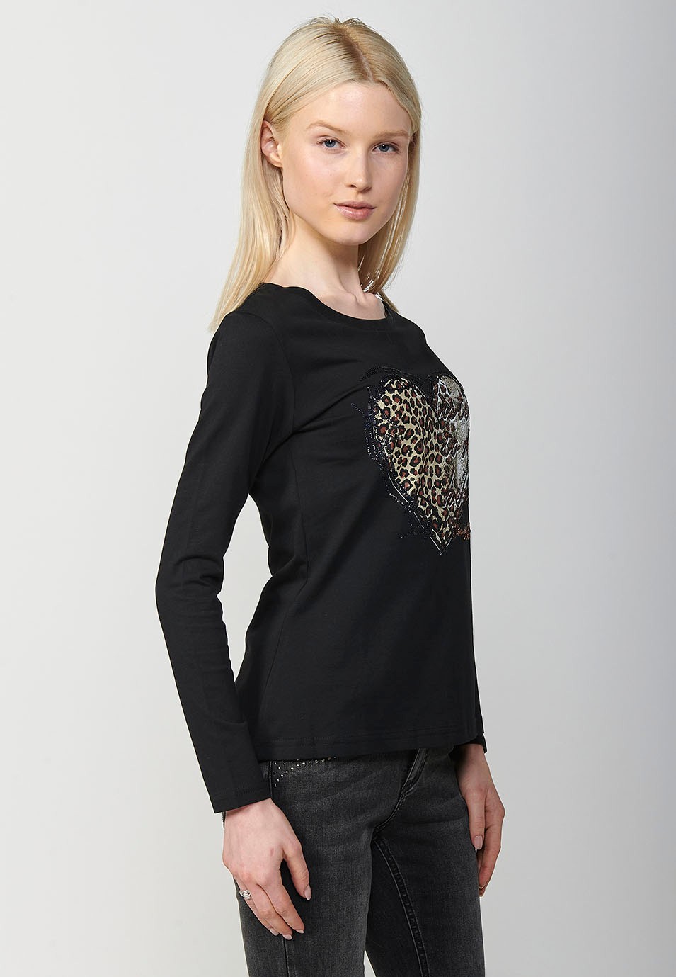 Langärmliges Baumwoll-T-Shirt mit Rundhalsausschnitt und Herzdruck mit Tiermotiv in Schwarz für Damen