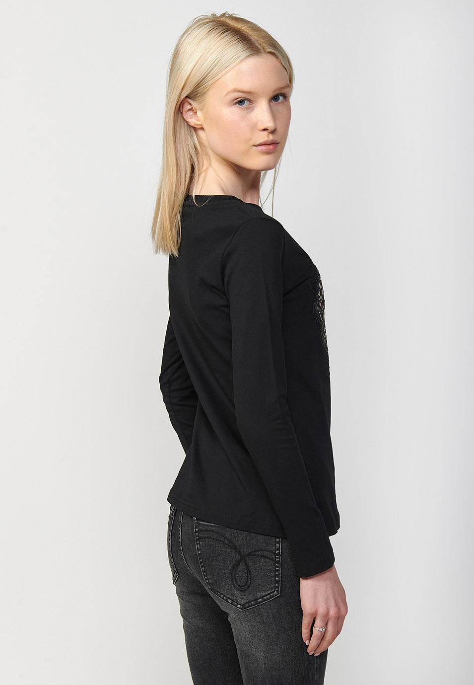 Langärmliges Baumwoll-T-Shirt mit Rundhalsausschnitt und Herzdruck mit Tiermotiv in Schwarz für Damen