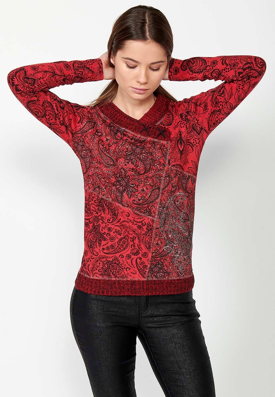 Camiseta de managa larga de Algodón con Cuello pico con rib cruzado y Bordado delantero color Rojo para Mujer 1