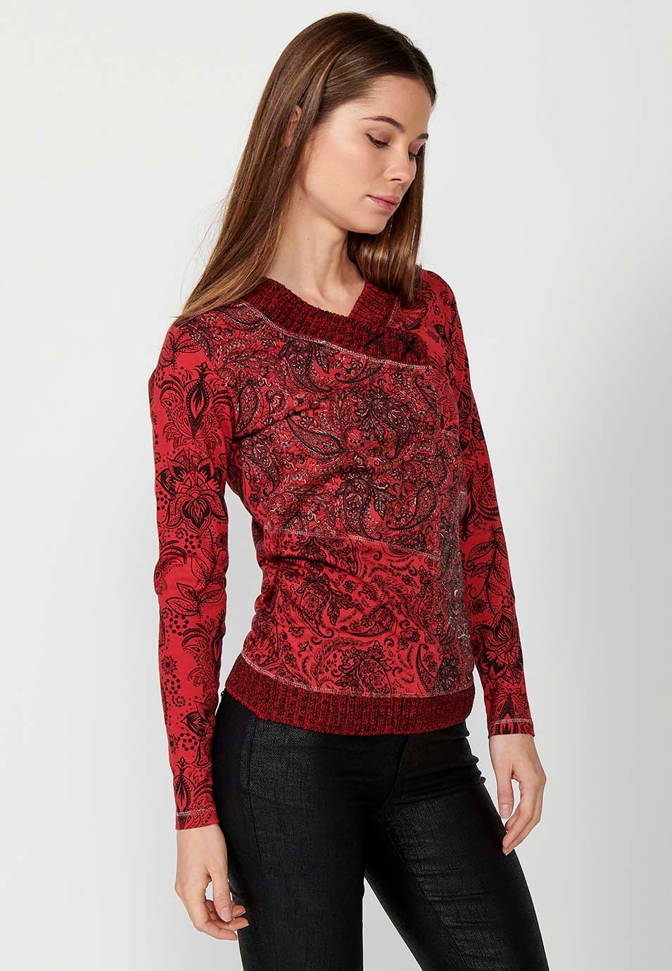 Camiseta de managa larga de Algodón con Cuello pico con rib cruzado y Bordado delantero color Rojo para Mujer 4