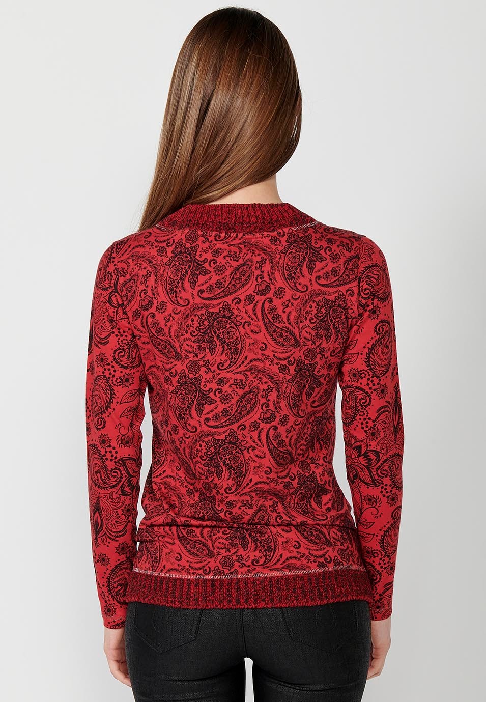 Long-sleeved Cotton T-shirt with V-neck with crossed rib and Front Embroidery in Red for Women 2