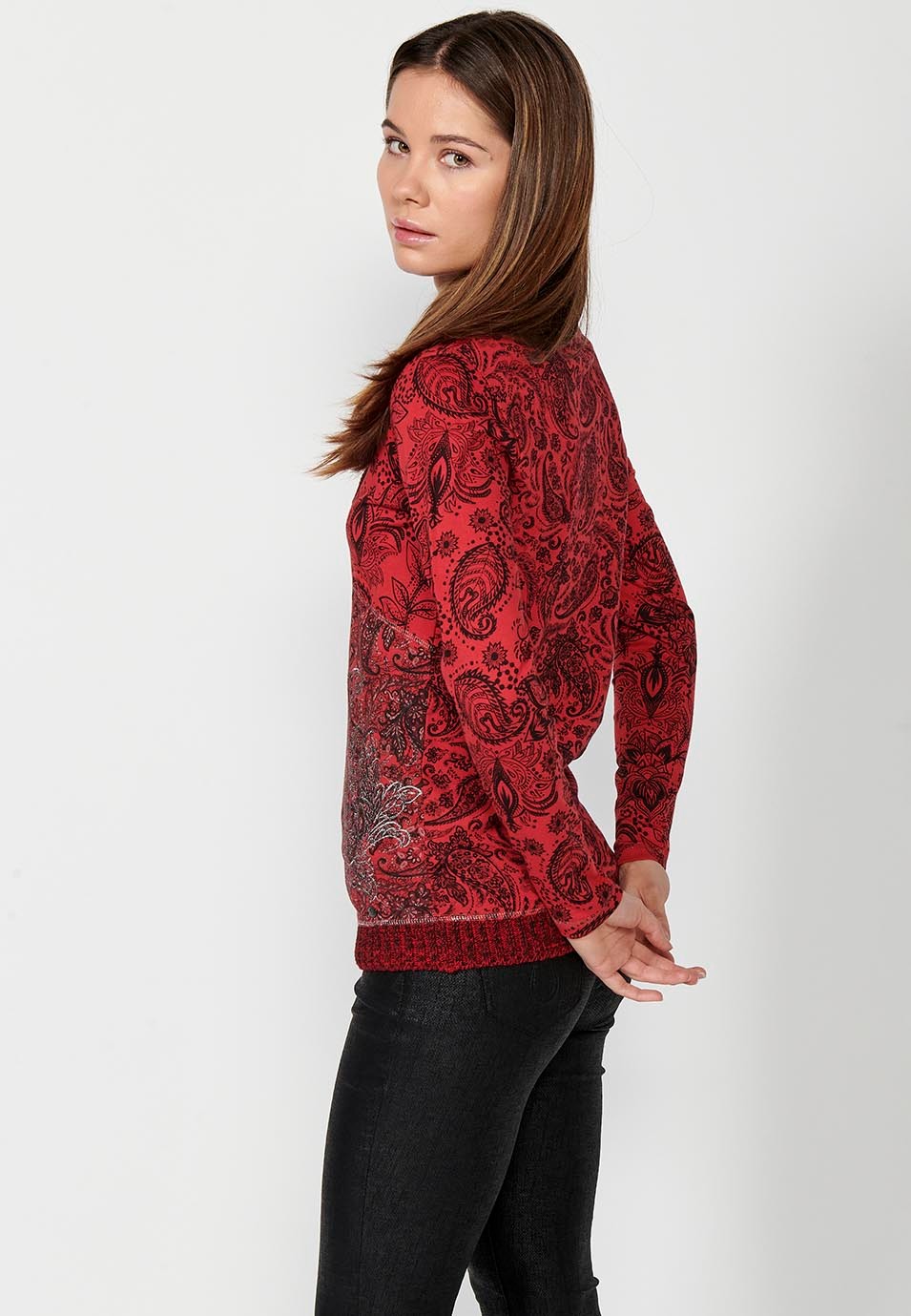 Long-sleeved Cotton T-shirt with V-neck with crossed rib and Front Embroidery in Red for Women 6