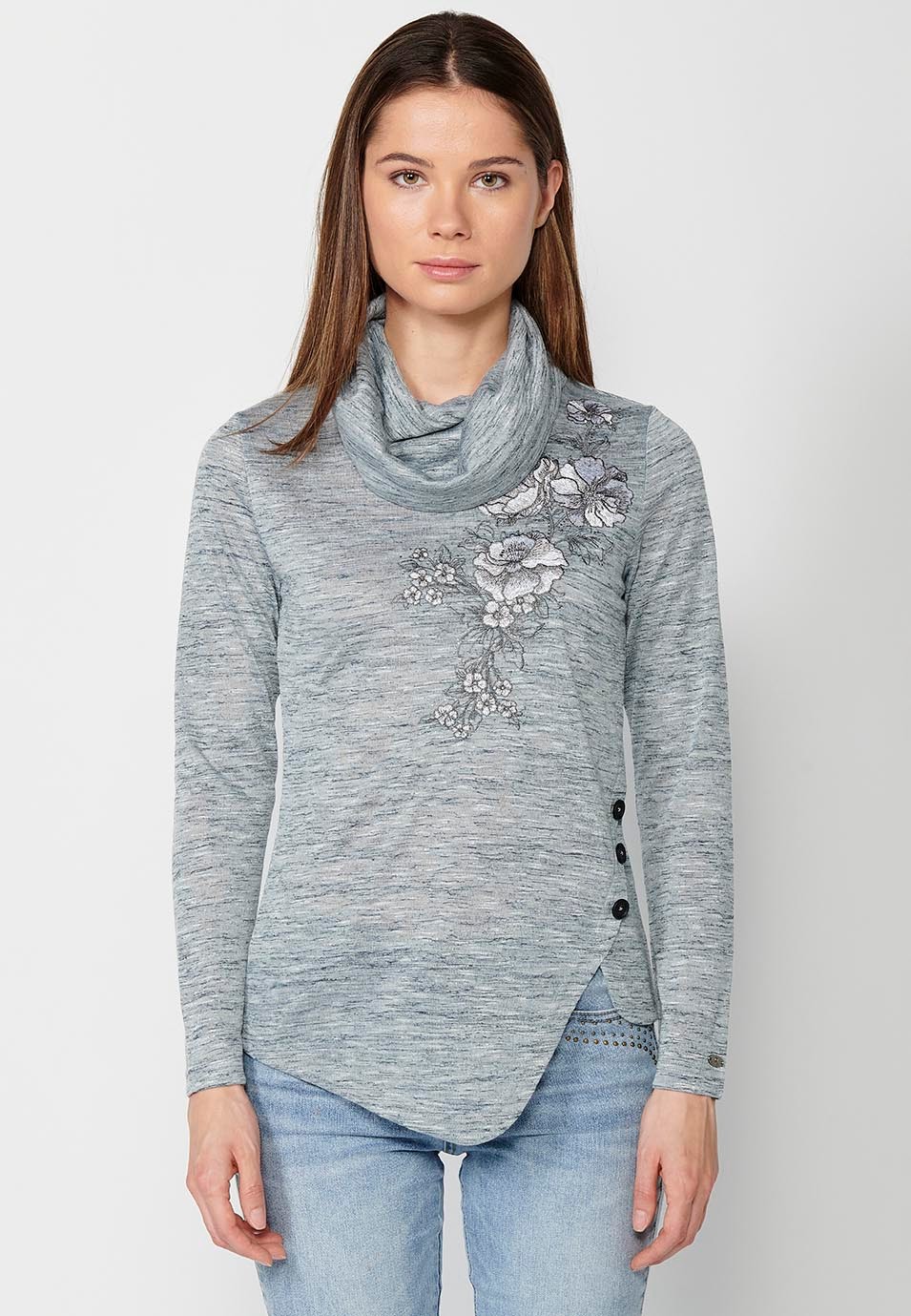 Gray long-sleeved T-shirt with roll-up collar and front embroidery and asymmetrical hem for women