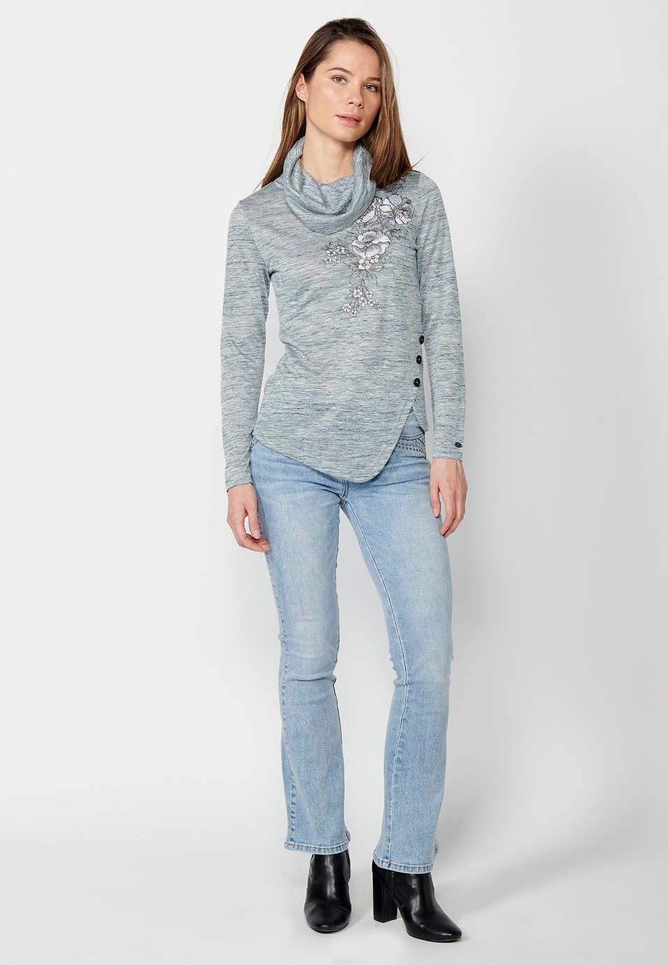 Gray long-sleeved T-shirt with roll-up collar and front embroidery and asymmetrical hem for women