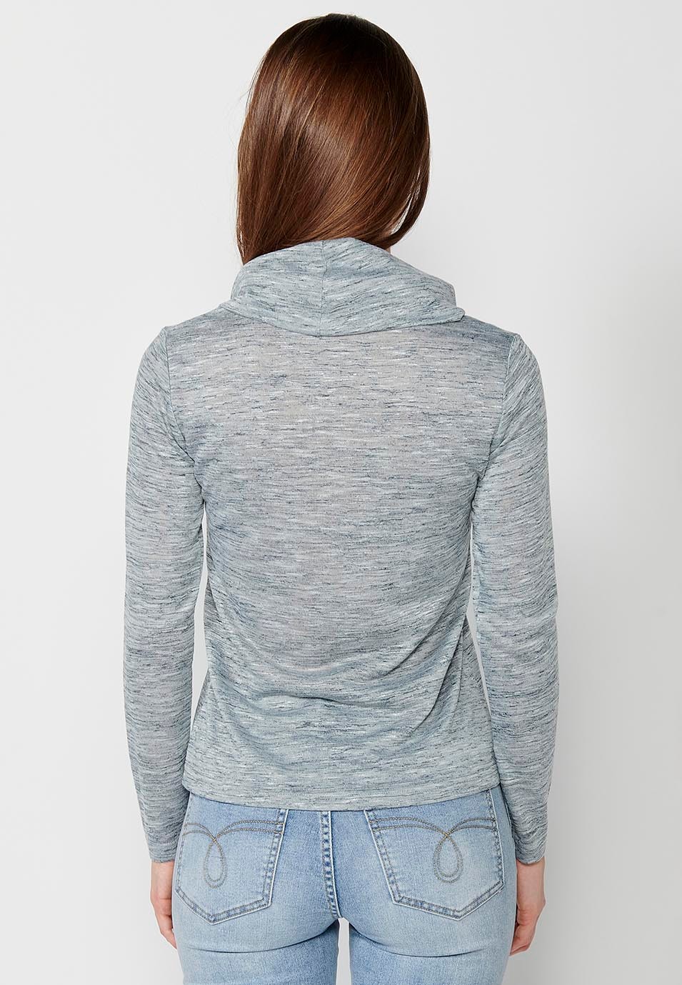 Gray long-sleeved T-shirt with roll-up collar and front embroidery and asymmetrical hem for women