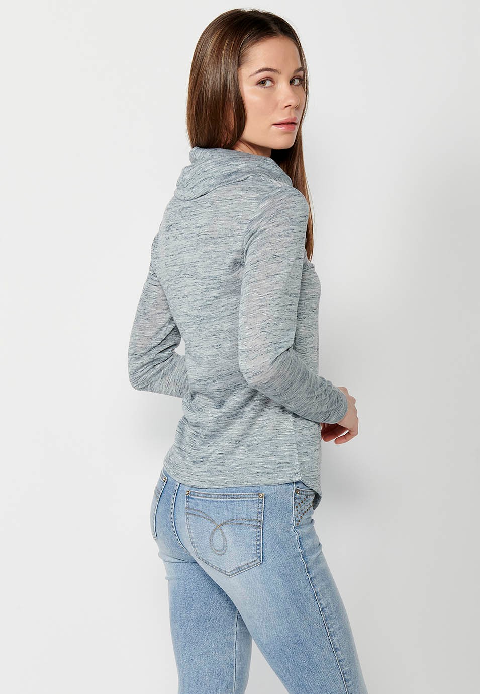 Gray long-sleeved T-shirt with roll-up collar and front embroidery and asymmetrical hem for women