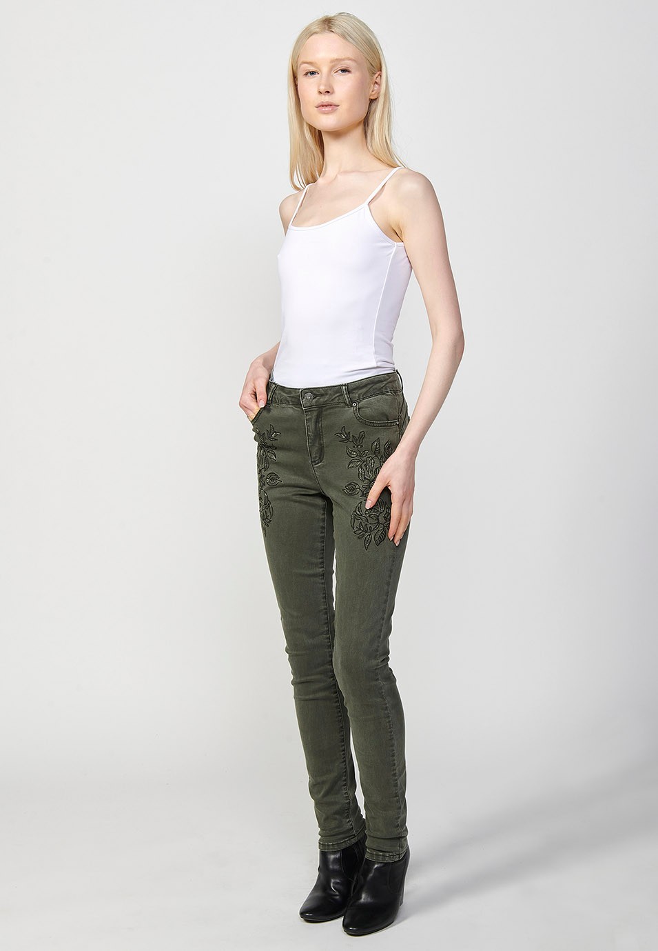 Slim Fit Long Trousers with Front Embroidered Details and Front Zip and Button Closure in Green for Women