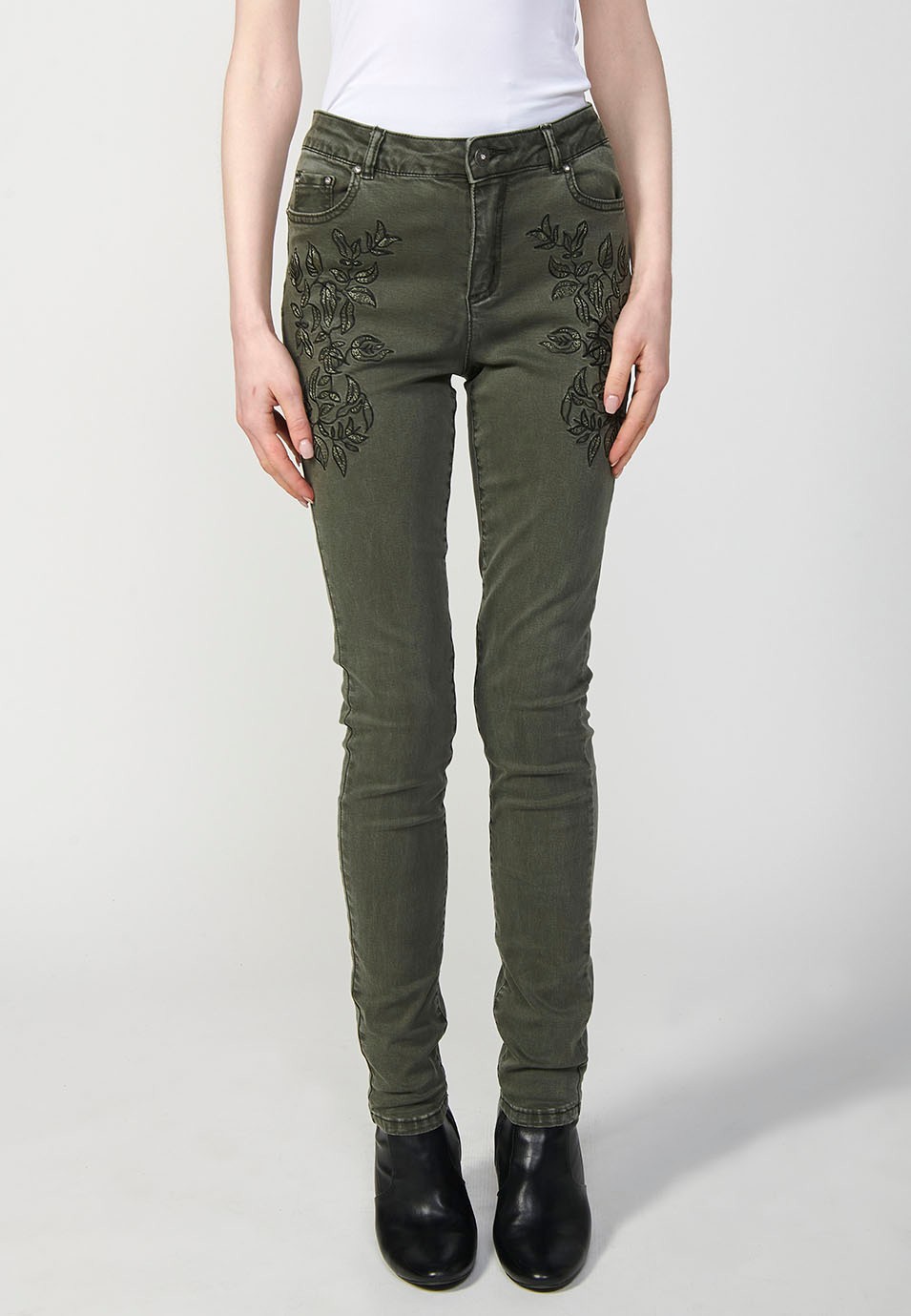 Slim Fit Long Trousers with Front Embroidered Details and Front Zip and Button Closure in Green for Women 3