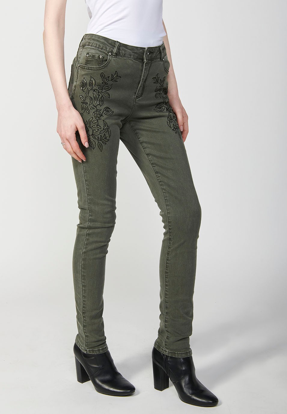 Slim Fit Long Trousers with Front Embroidered Details and Front Zip and Button Closure in Green for Women 1