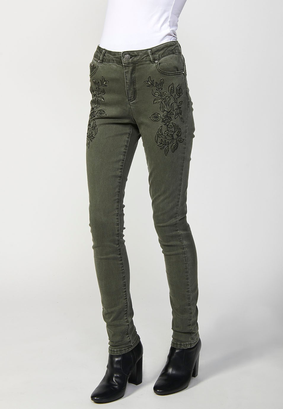 Slim Fit Long Trousers with Front Embroidered Details and Front Zip and Button Closure in Green for Women 4