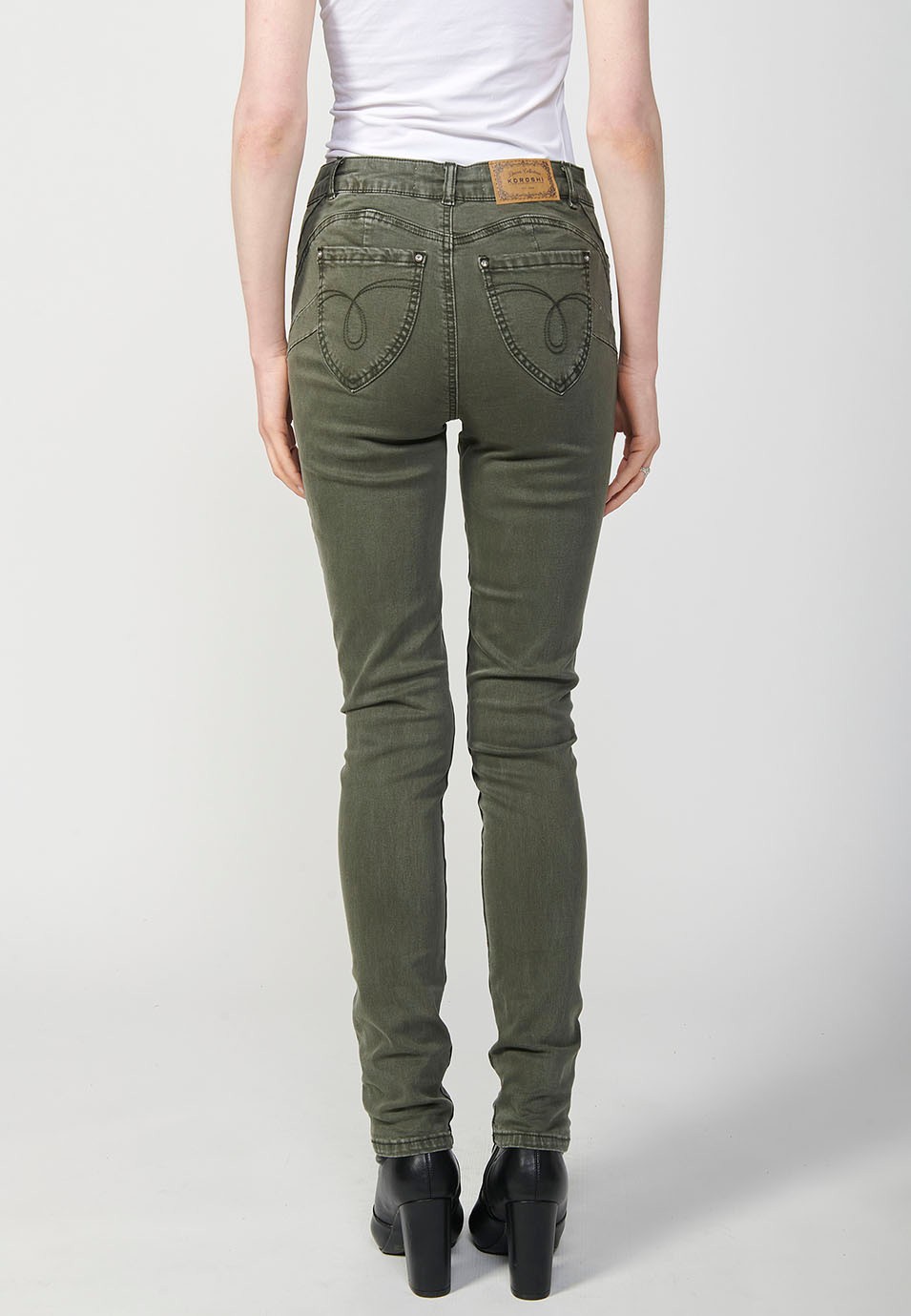 Slim Fit Long Trousers with Front Embroidered Details and Front Zip and Button Closure in Green for Women 2