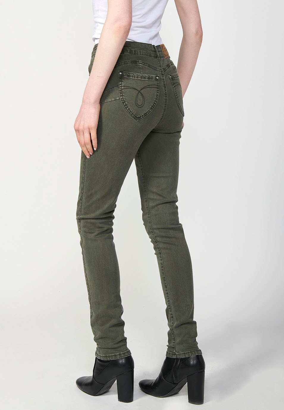 Slim Fit Long Trousers with Front Embroidered Details and Front Zip and Button Closure in Green for Women 5