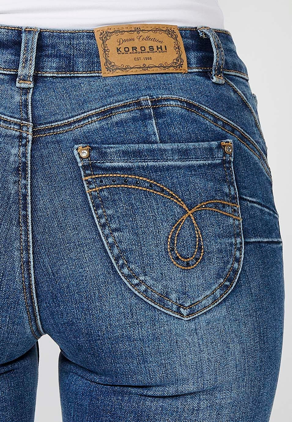 Pantalón largo Regular denim recto con Cierre delantero con cremallera y botón de Color Azul para Mujer