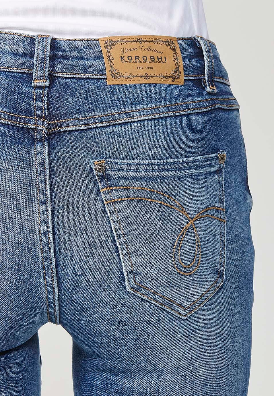 Dunkelblaue, lange Slim-Fit-Jeanshose für Damen mit Reißverschluss und Knopfverschluss vorne 7