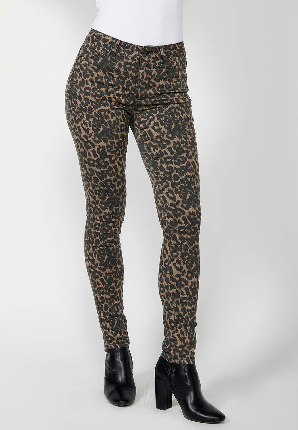 Lange Jeanshose mit Animal-Print, Reißverschluss vorne und Knopfverschluss für Damen