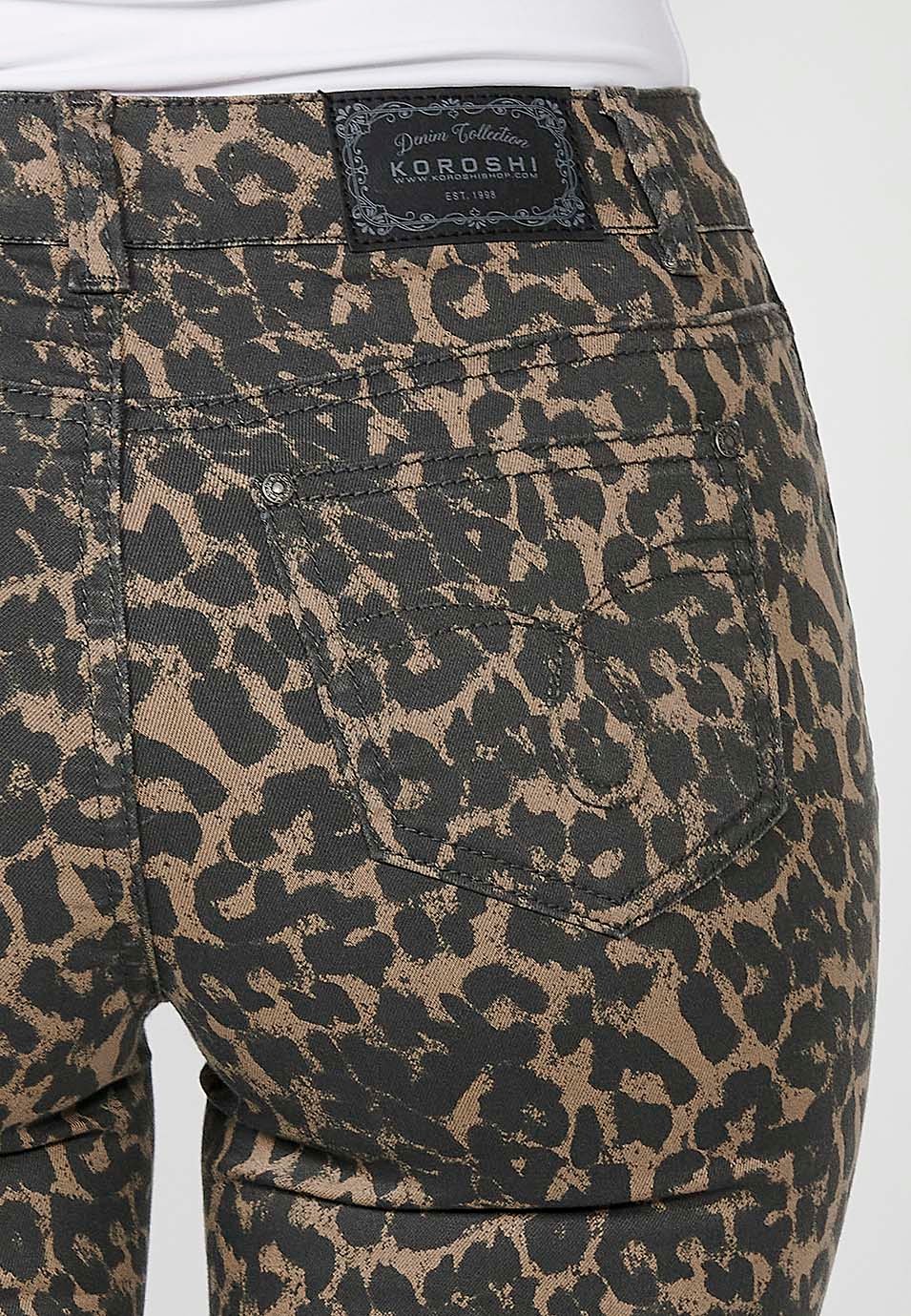 Lange Jeanshose mit Animal-Print, Reißverschluss vorne und Knopfverschluss für Damen