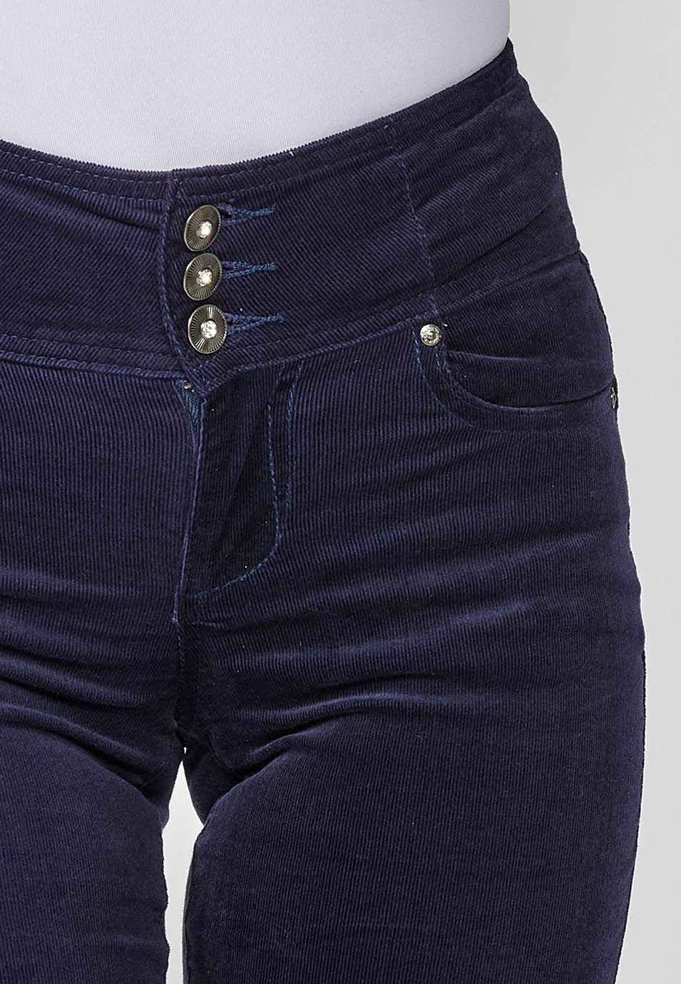 Pantalon cinq poches ajusté effet push-up et corset en velours côtelé avec ceinture à la taille marine pour femme