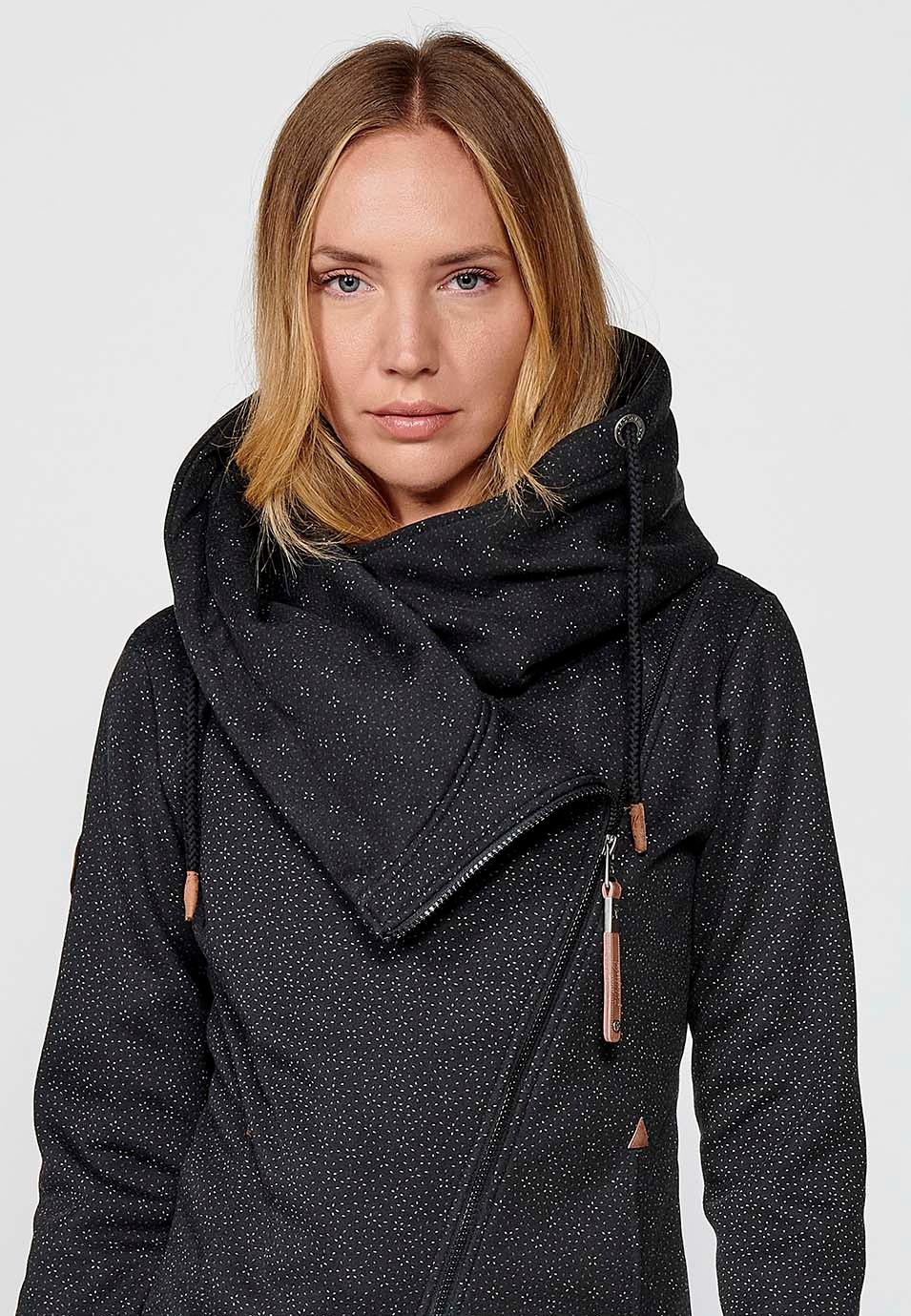 Schwarzes Damen-Sweatshirt mit Kapuze, Blumendruck, offenem Reißverschluss, weitem Halsausschnitt und Taschen 1