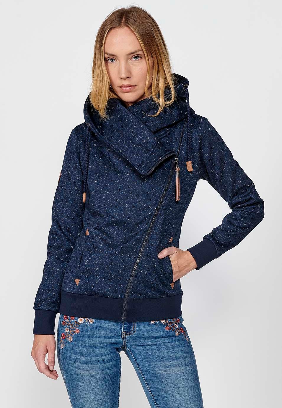 Women's Floral Print Zip Up Wide Neck Hooded Sweatshirt with Pockets in Navy