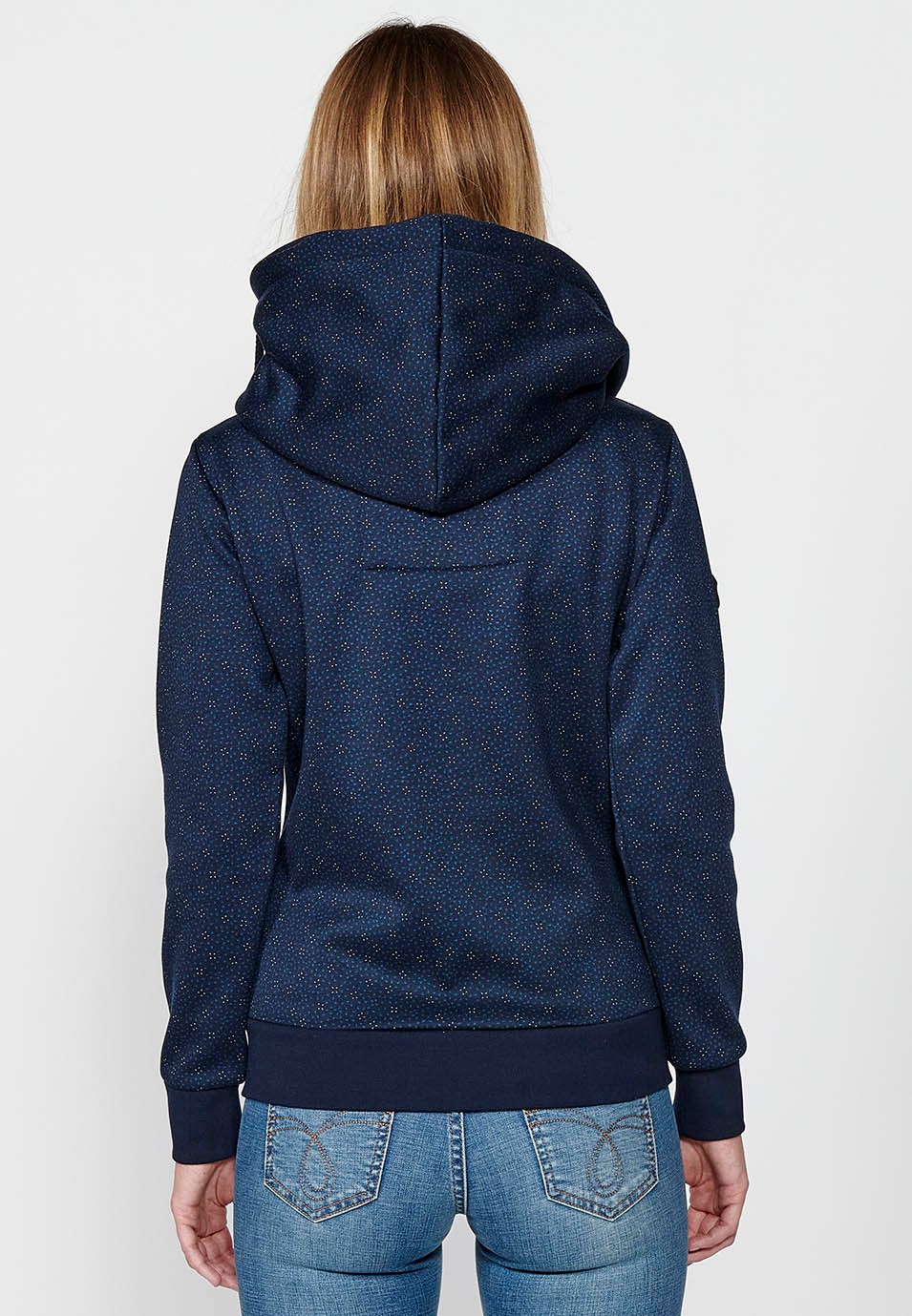 Women's Floral Print Zip Up Wide Neck Hooded Sweatshirt with Pockets in Navy 5