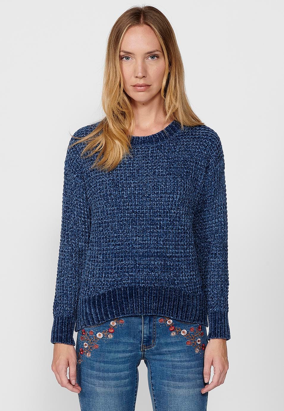 Pull col rond avec larges côtes dans le bas pour femme en bleu