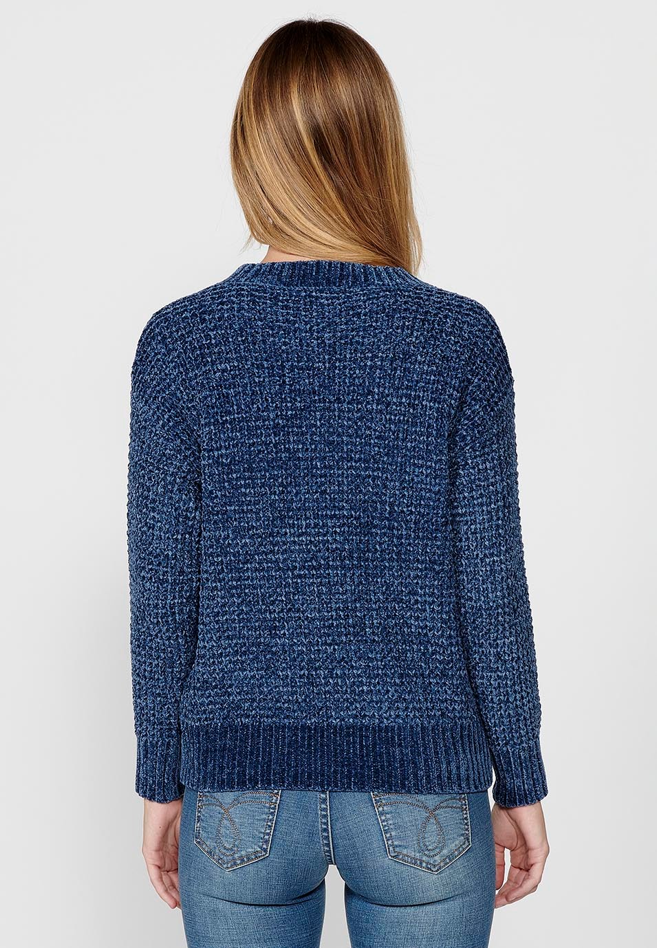 Pull col rond avec larges côtes dans le bas pour femme en bleu