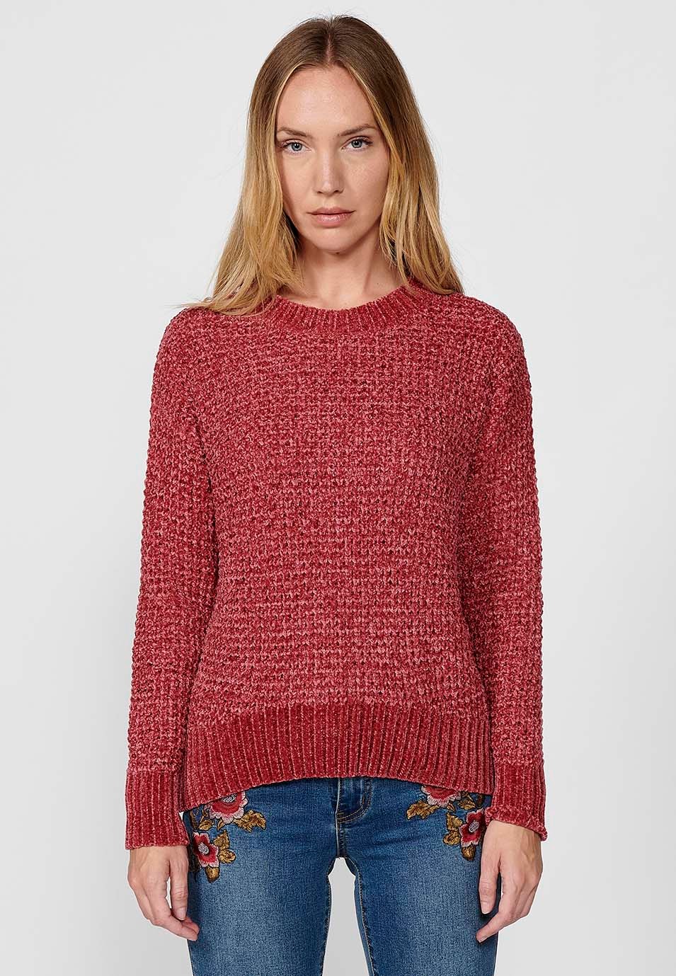 Women's round neck jumper with wide ribbed hems in pink