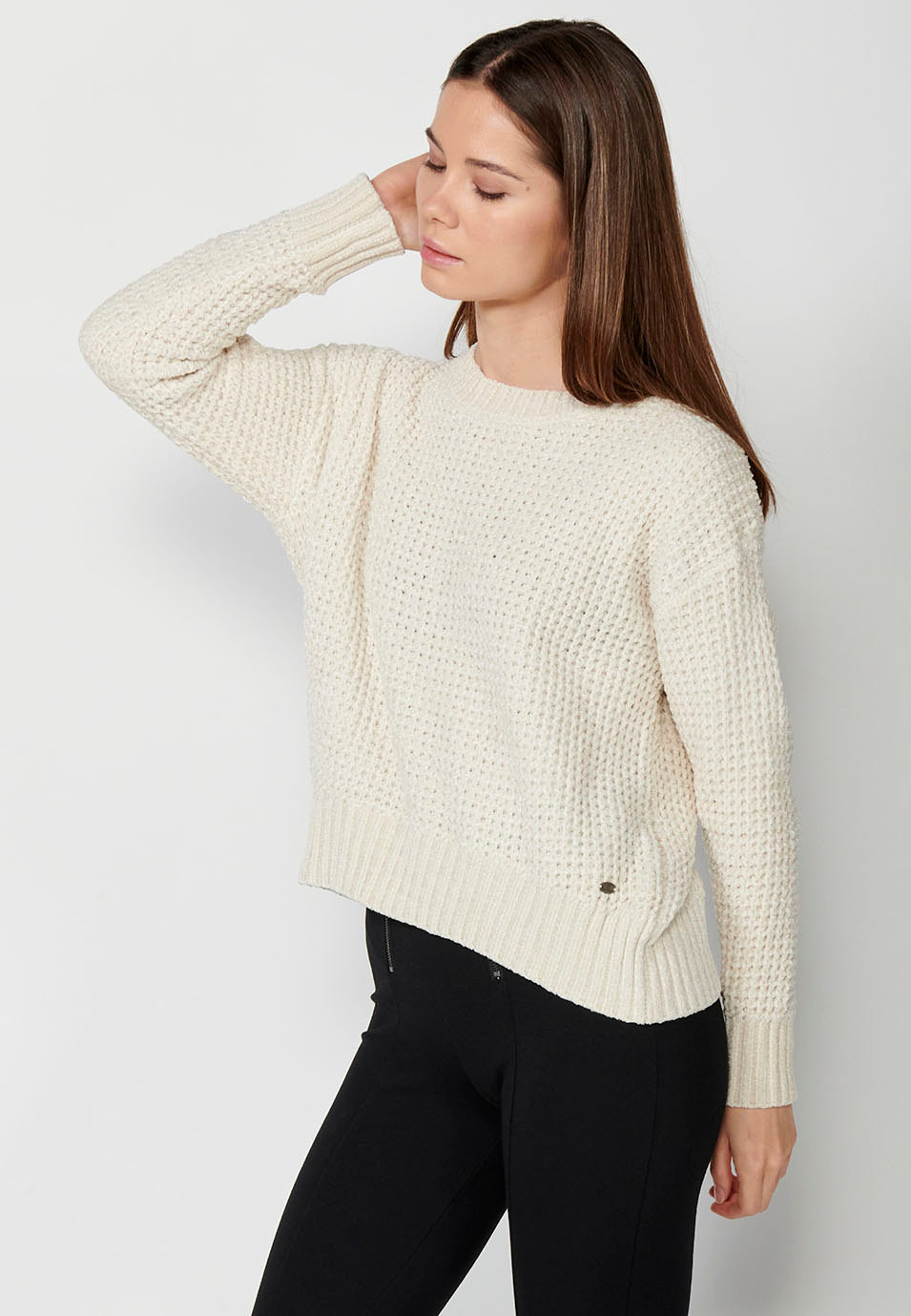 Women's Crew Neck Jumper with Wide Ribbed Hem in Ecru