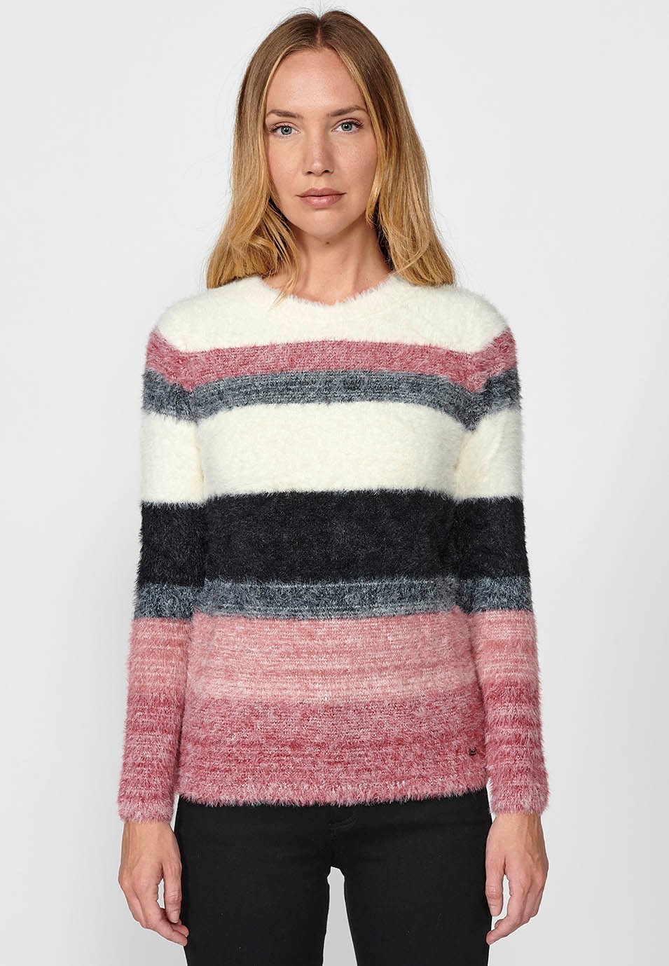 Pull col rond manches longues avec jacquard rayé multicolore pour femme