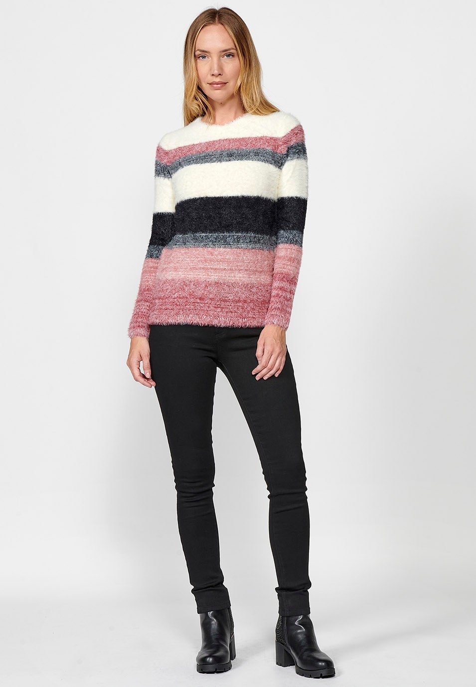 Pull col rond manches longues avec jacquard rayé multicolore pour femme