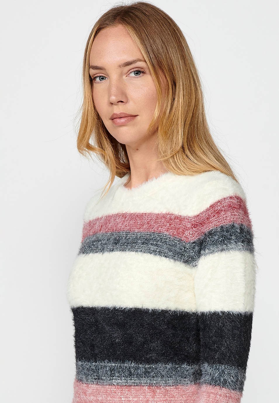 Pull col rond manches longues avec jacquard rayé multicolore pour femme