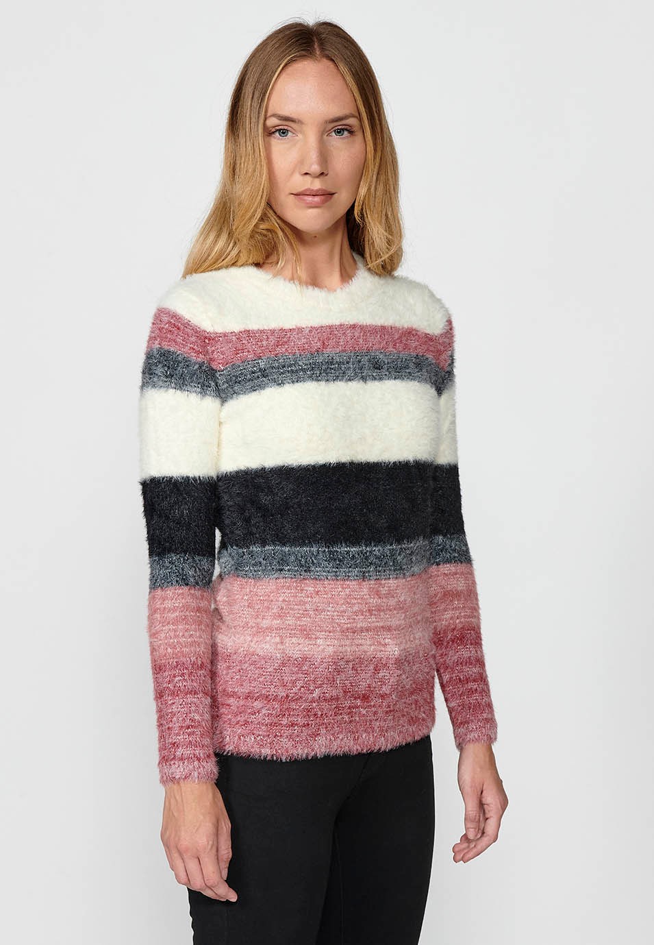 Pull col rond manches longues avec jacquard rayé multicolore pour femme