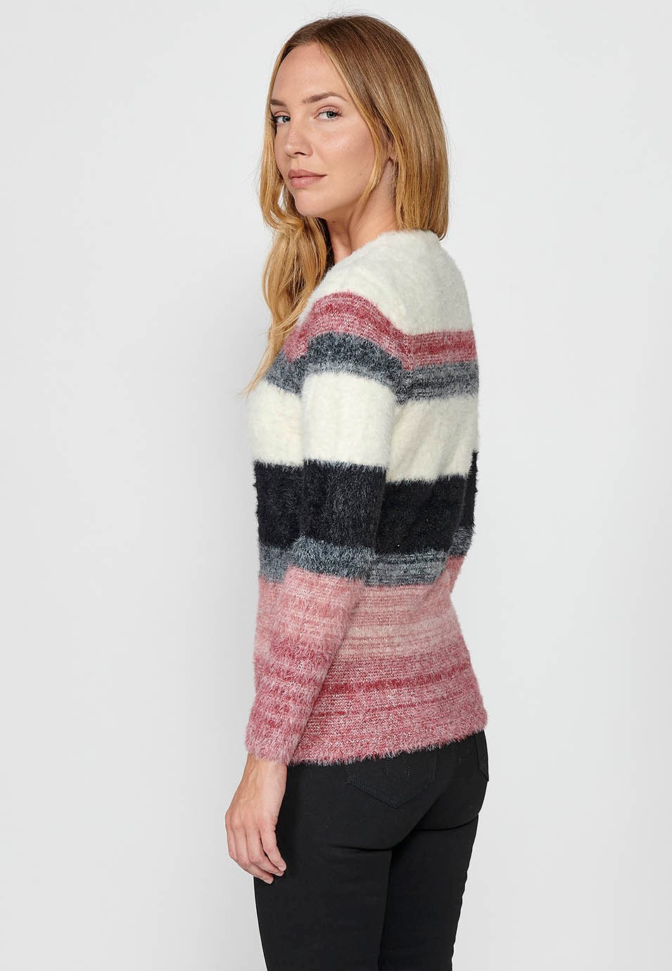 Pull col rond manches longues avec jacquard rayé multicolore pour femme