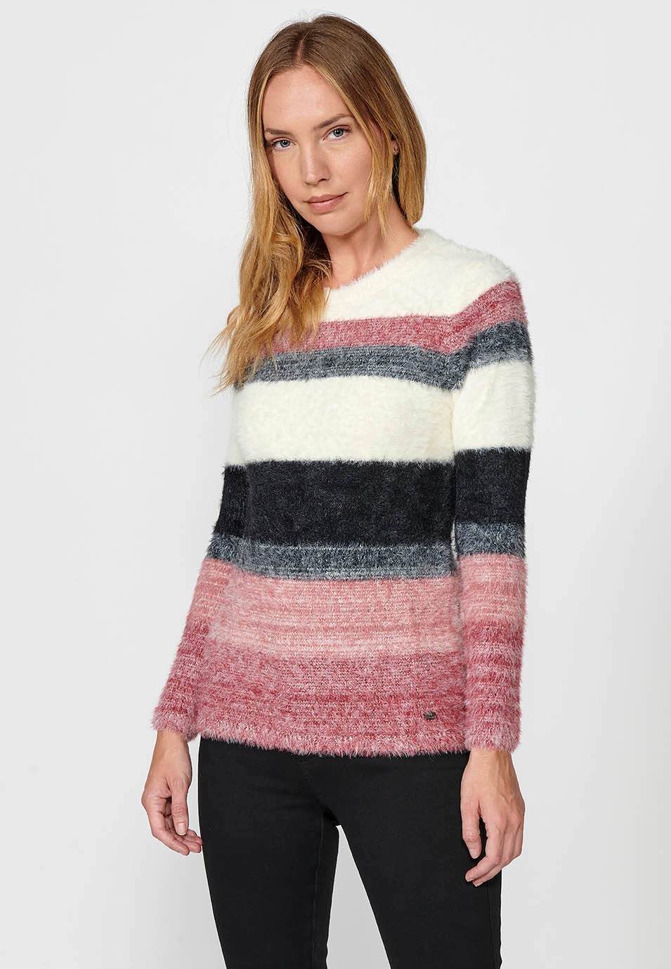 Pull col rond manches longues avec jacquard rayé multicolore pour femme