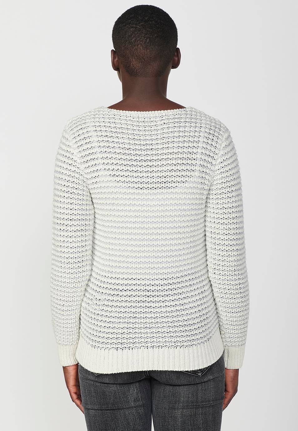 Women's long sleeve round neck sweater in ecru and silver