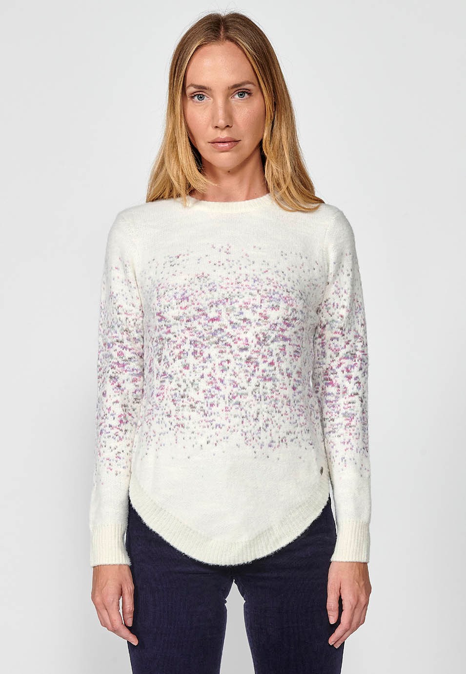 Women's mottled jacquard round neck long sleeve jumper in ecru 5