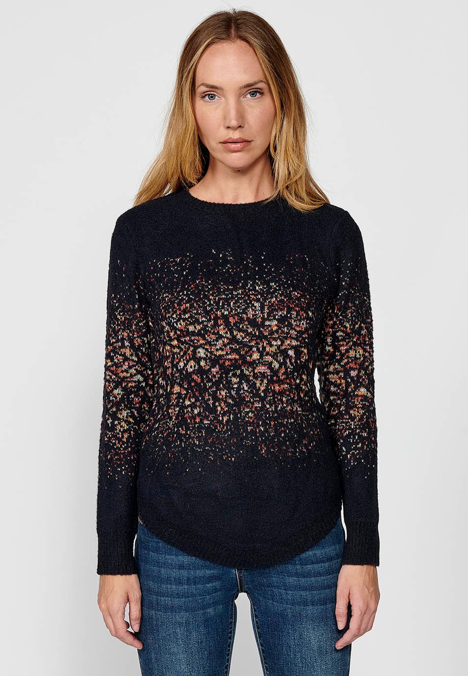 Women's Navy Mottled Jacquard Crew Neck Long Sleeve Jumper 1