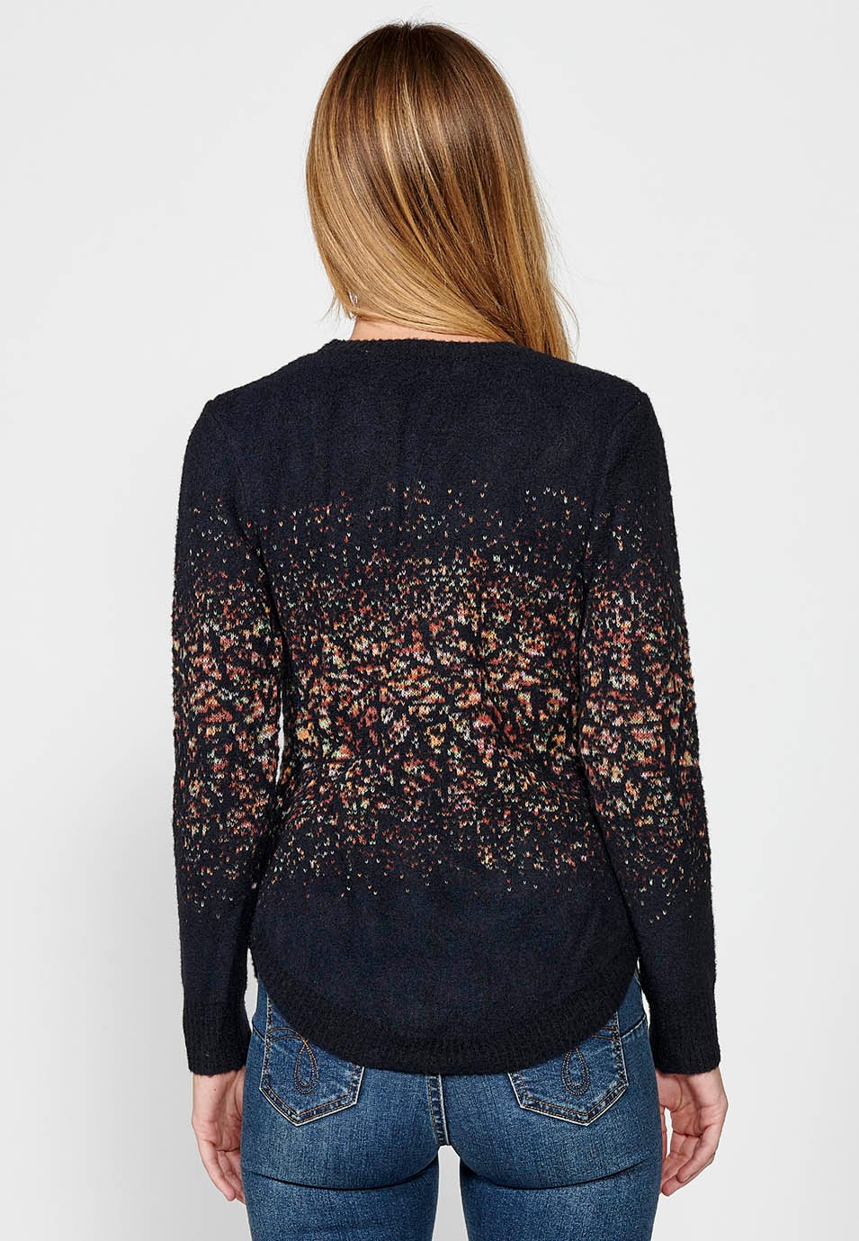 Women's Navy Mottled Jacquard Crew Neck Long Sleeve Jumper 6