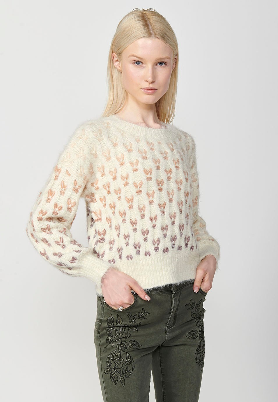 Women's multicolour herringbone jacquard round neck long sleeve jumper in ecru