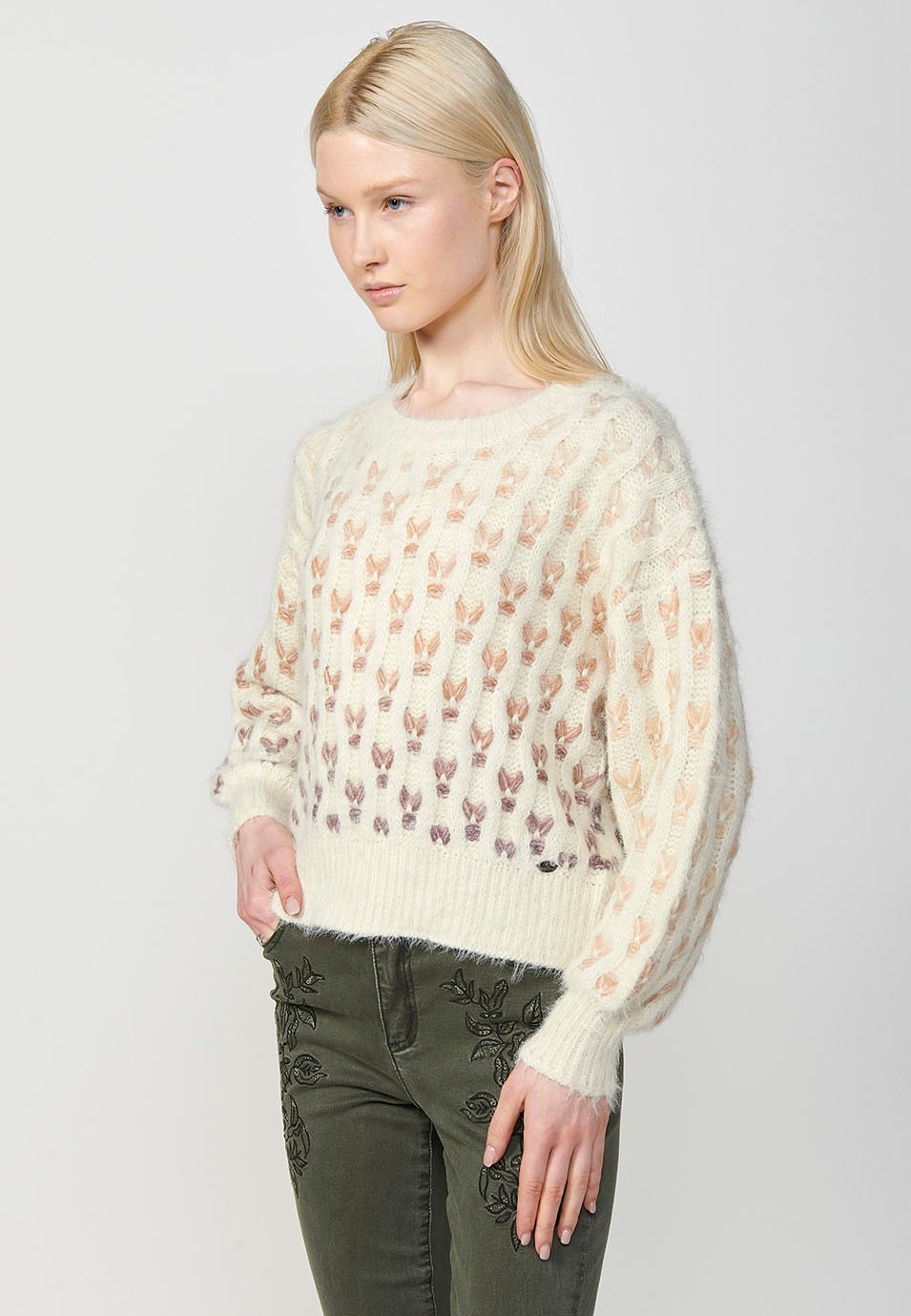 Women's multicolour herringbone jacquard round neck long sleeve jumper in ecru