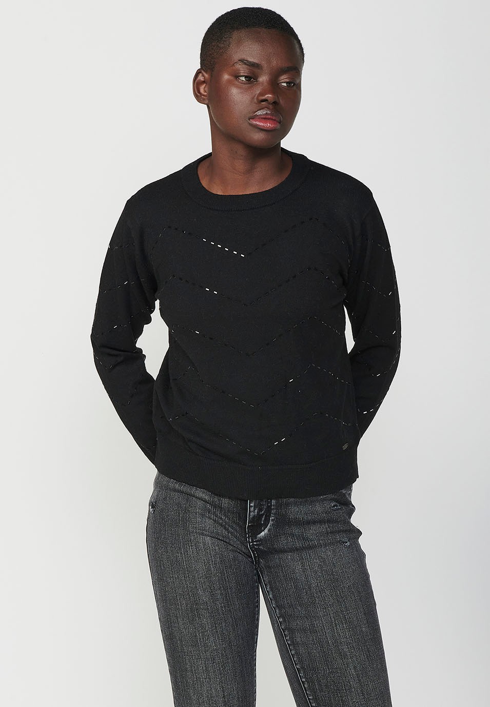 Women's Crew Neck Jumper with Zig-Zag Glitter Detail in Black