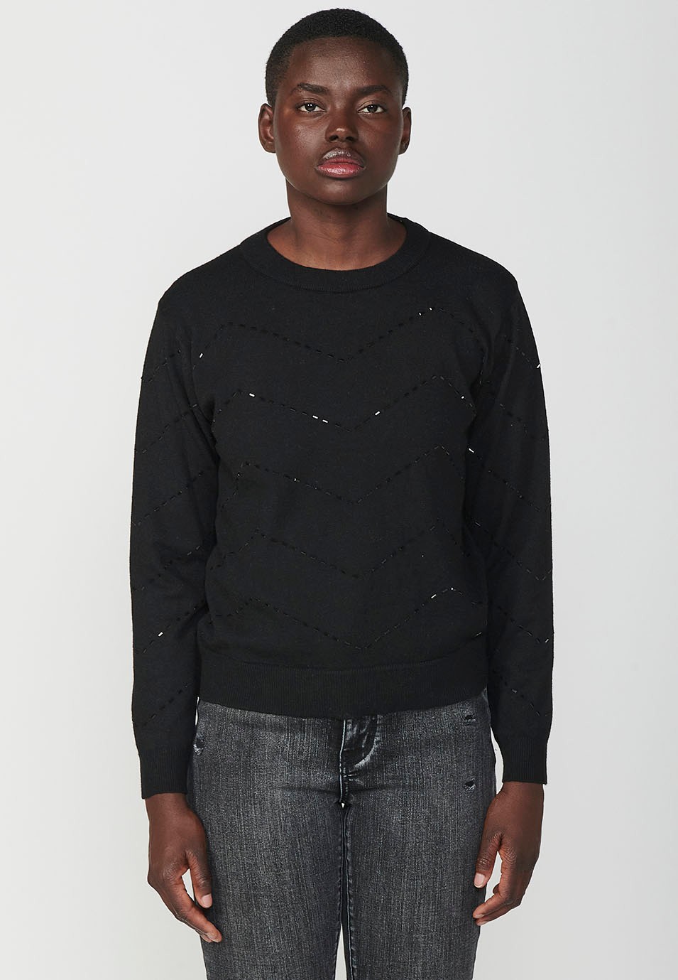 Women's Crew Neck Jumper with Zig-Zag Glitter Detail in Black