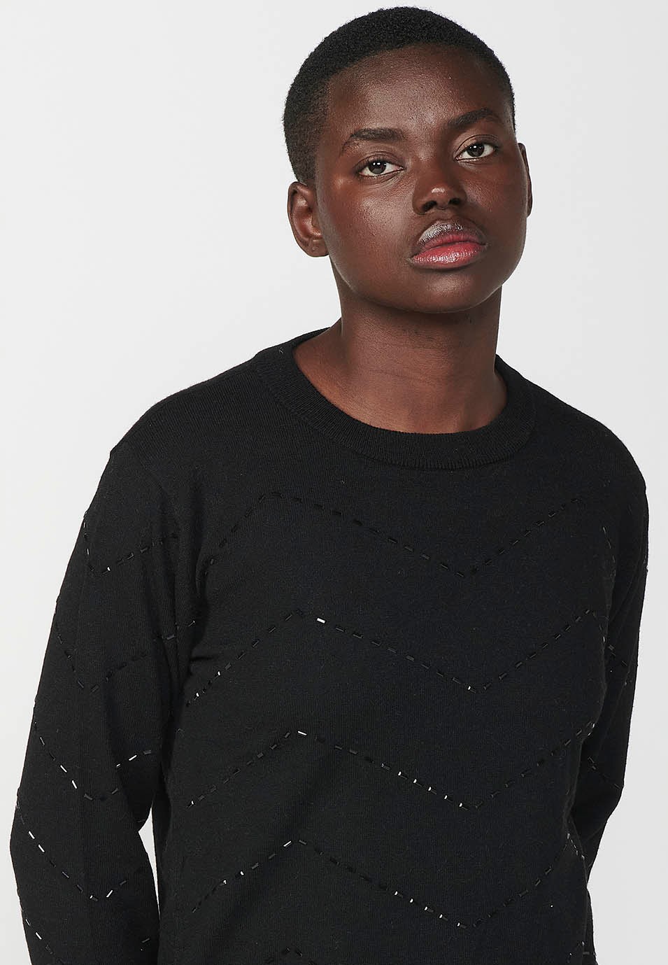 Women's Crew Neck Jumper with Zig-Zag Glitter Detail in Black