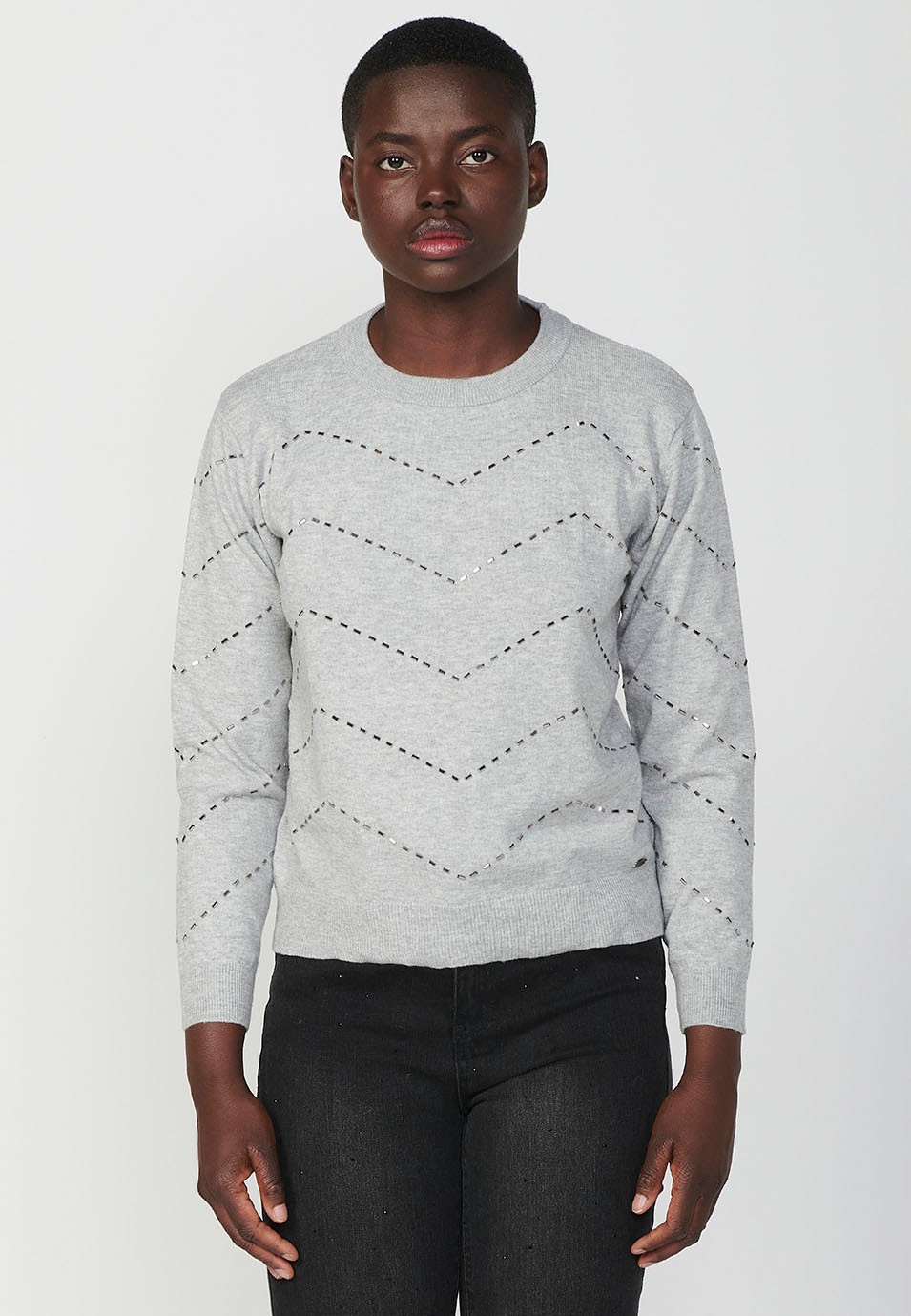 Women's Crew Neck Jumper with Zig-Zag Glitter Detail in Light Grey 1