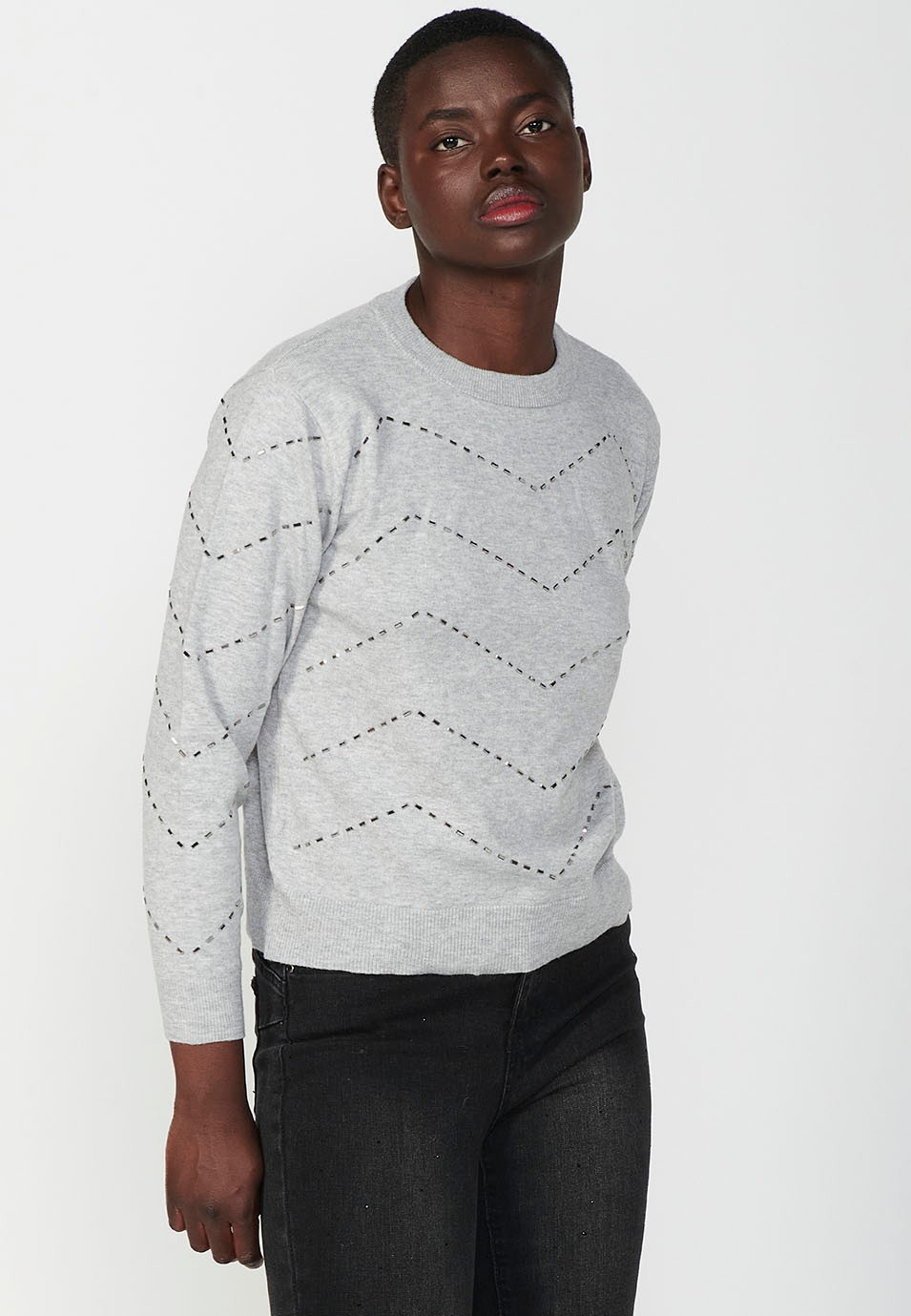 Women's Crew Neck Jumper with Zig-Zag Glitter Detail in Light Grey 6